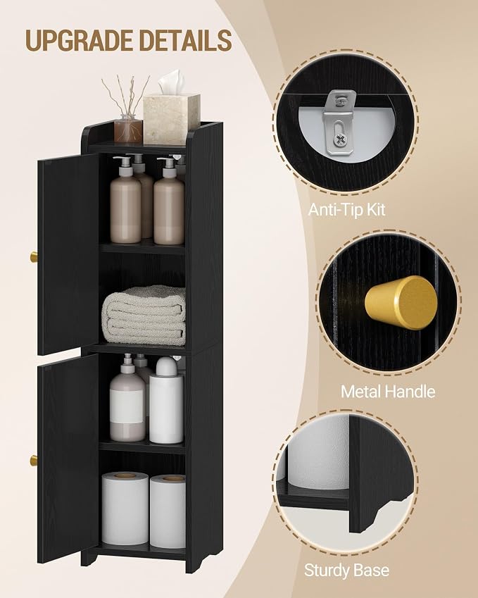 Hzuaneri Bathroom Storage Cabinet, Small Corner Floor Cabinet with 2 Doors | Narrow Toilet Paper Cabinets with Adjustable Shelf, Bathroom Organizer for Small Spaces, 7.9" D x 7.9" W x 29.5" H Black