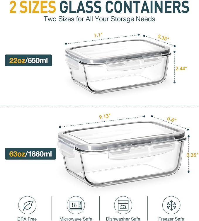 Large Glass Food Storage Containers with Lids, 4 Pack, 63oz & 22oz | Glass Meal Prep Containers for Family Meal, Leftovers, Lunch, Microwave, Oven, Freezer, Dishwasher, Airtight & Leak-Proof