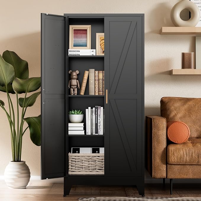 COFaR Black Farmhouse Storage Kitchen Pantry Cabinet with 2 Barn Door, 3 Adjustable Shelves and Legs, for Cupboard/Dining Room/Bathroom/Living Room/Office/Laundry Room (Black, 61" Farmhouse)