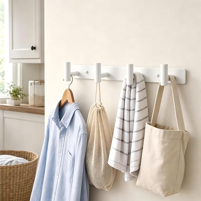 Wall Mounted Coat Rack-4 Hooks, Heavy Duty Stainless Steel Wall Hooks for Towel Coat Bag, Hat Rack Coat Hanger Coat Hooks Towel Racks for Bathroom Entryway Kitchen Office (White, 1 Pack)