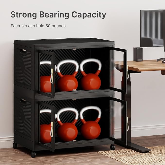 Stackable Storage Bins with Lids, 360QT Extra Large Storage Cabinet | Clear Doors, Foldable Storage Drawers, Heavy Duty, Collapsible Closet Organizers for Bedroom Office (2, Black, 180, Quarts)
