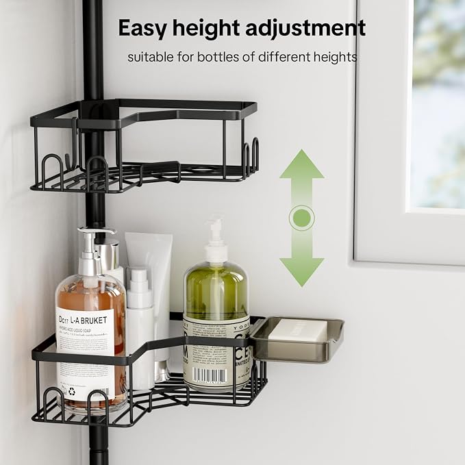Corner Tension Pole Shower Caddy, 4 Tier Rustproof Shower Tension Rod Organizer with Soap Holder & Hooks, Adjustable 34-125 Inch Bathroom Shelf for Renters - Family Stand Storage Rack, Black