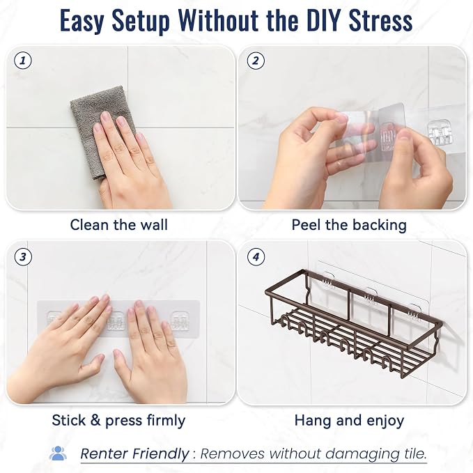8 Pack Adhesive Rustproof Shower Caddy with Soap Dishes, Toothbrush Holder & Hooks, Large Capacity No-Drilling Shower Shelves Rack for Bathroom Organizers and Storage Accessories, Brown