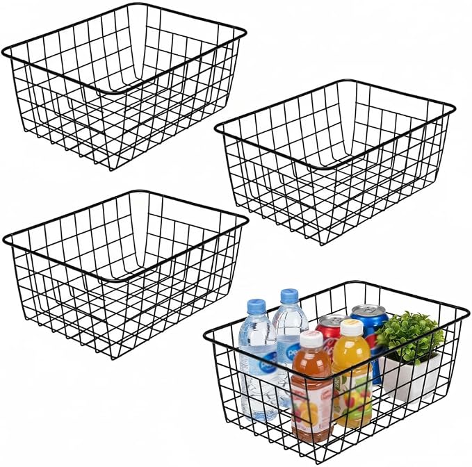 LeleCAT Wire Baskets with Handles, Wire Storage Organizer Baskets, Household Refrigerator for Cabinets, Pantry, Closets, Bedrooms - Set of 4（Black)