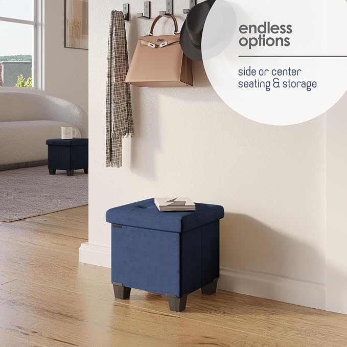 Storage Ottoman Cube with Small Bin, 15-in Square Ottoman with Storage for Living Room and Bedroom, Small Ottomans Foot Rest, Velvet Foot Stools Ottomans Max 330lbs, Blue