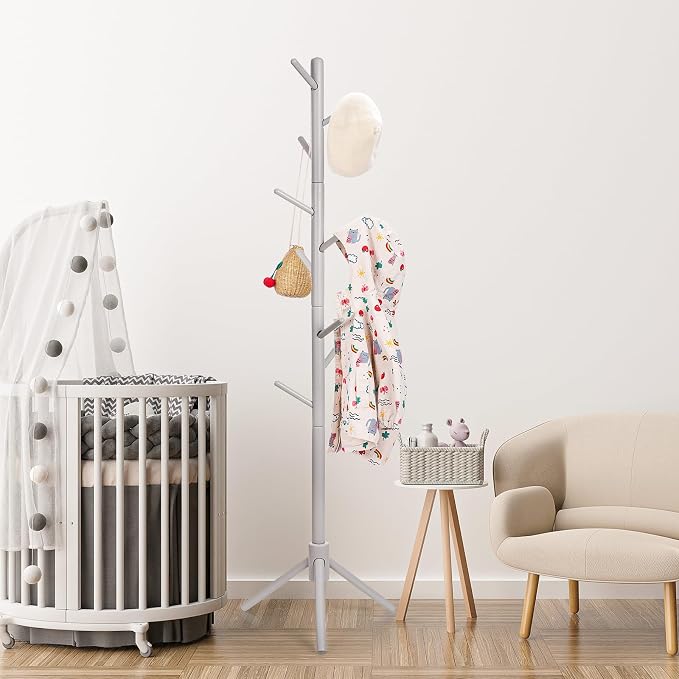 Cozivolife Kid's Coat Rack Stand: Height Adjustable with 9 Hooks (Grey) | Beech Wood Coats Tree for Cloth Hats and Handbags - Freestanding Child Clothes Racks for Hallway Entryway Bedroom