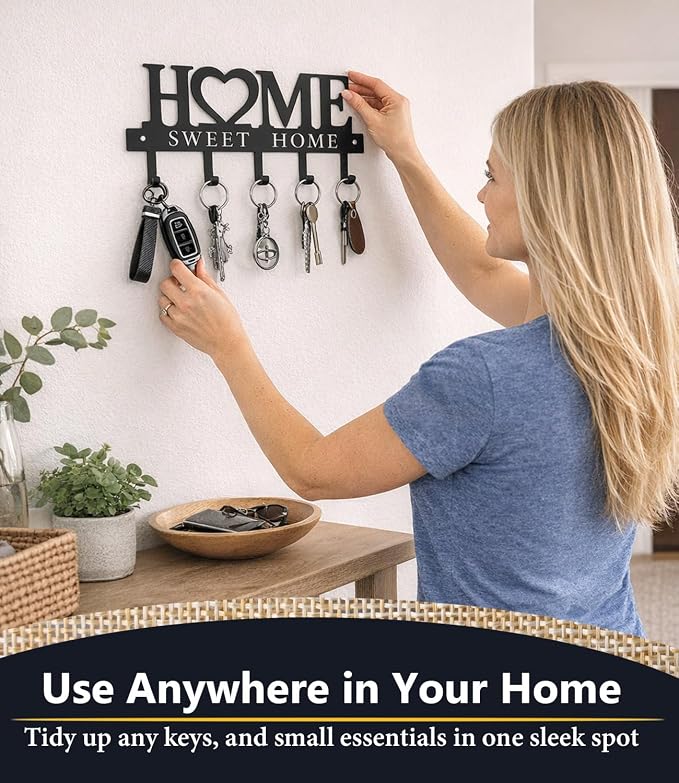 Key Holder Hooks Organizer Hanger Rack Wall Mounted Sweet Home Metal Decor Stylish and Practical for Entryway Front Door Kitchen Hallway Garage Mudroom Office Hardware Included Black (Sweet 13 inches)