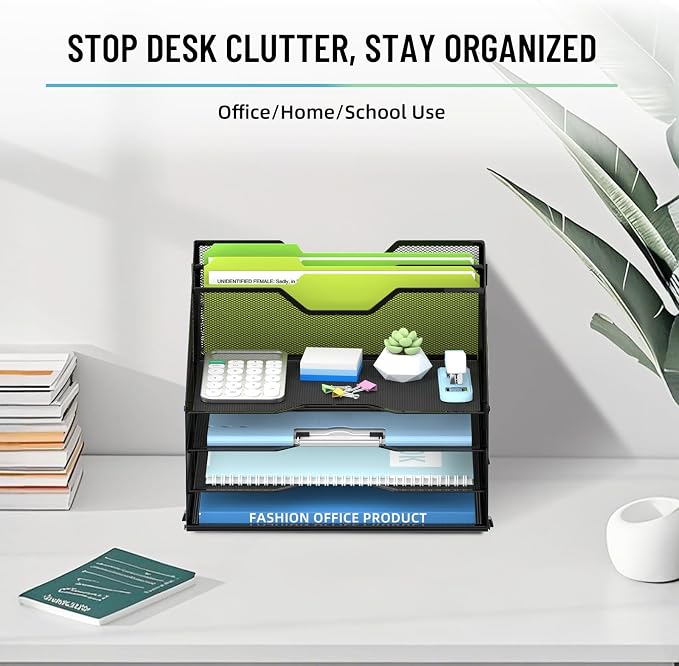 Desk File Organizer with 4 Letter Trays and 2 Vertical File Holders, Black | Metal Mesh Paper Letter Tray Organizer for Documents Folders Mail, Desk Organizers and Accessories for Home Office