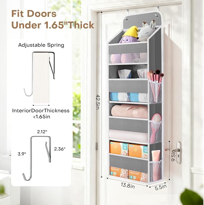Over the Door Organizer, 4 Large Pocket Hanging Storage with 40lb Capacity | Space Saving Door Storage for Nursery, Bathroom, Bedroom and Closet, Baby Essentials and Toiletry Organizer, Grey