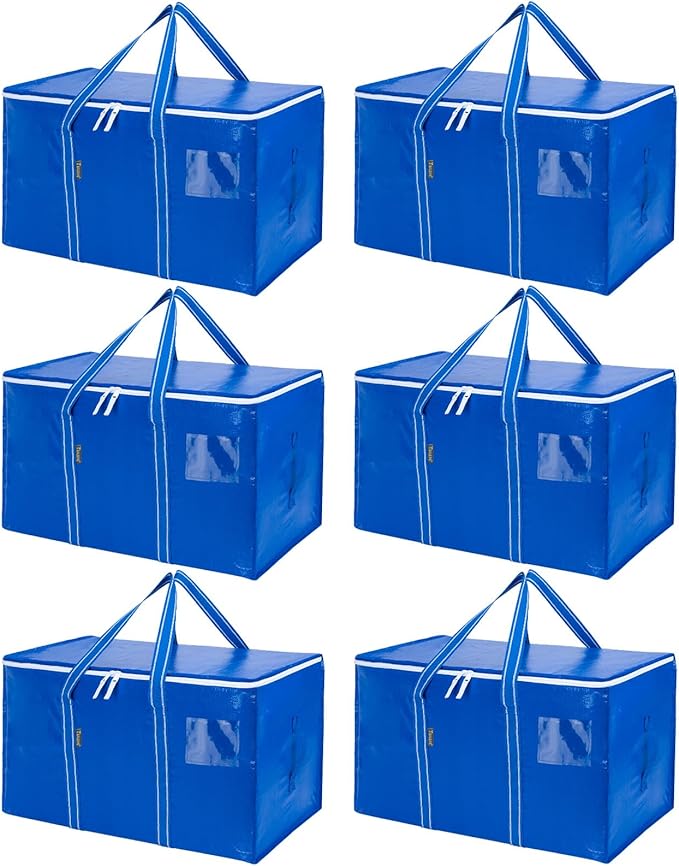 BALEINE 6-Pack Oversized Moving Bags with Reinforced Handles, Heavy-Duty Storage Tote for Clothes, Moving Supplies (Royal Blue, 6-Pack)