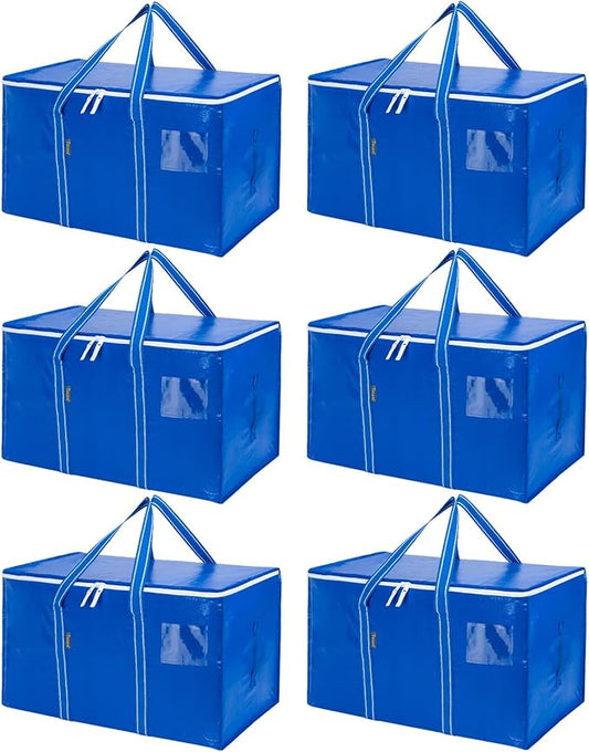 BALEINE 6-Pack Oversized Moving Bags with Reinforced Handles, Heavy-Duty Storage Tote for Clothes, Moving Supplies (Royal Blue, 6-Pack)