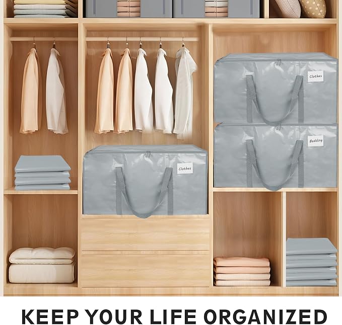 4 Pack-Extra Large Heavy Duty Moving Bags - Waterproof Storage Totes with Handles & Zippers, Foldable for College Dorm, Storage (light gray)