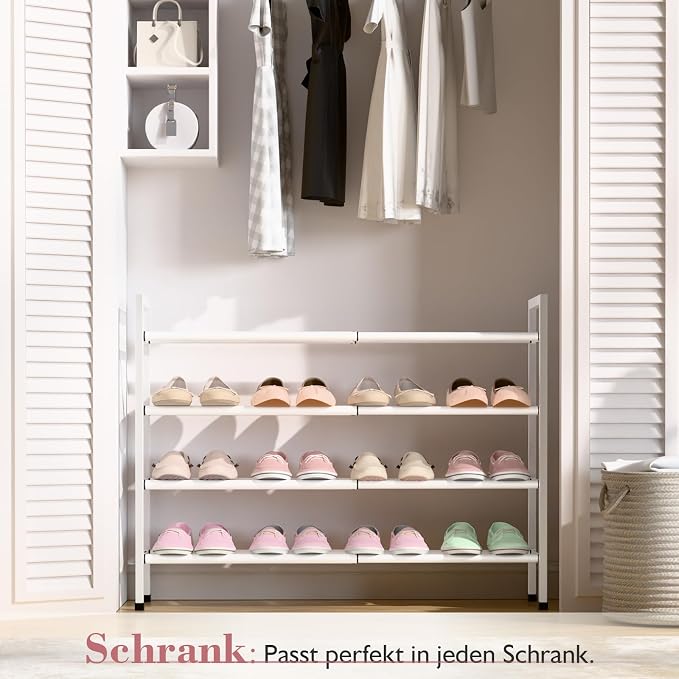 Bumusty 4 Tier Expandable Shoe Rack for Closet, White | 18"-33" Adjustable Shoe Rack for Entryway, Small Shoe Organizer for Dorm, Front Door, Sturdy Metal