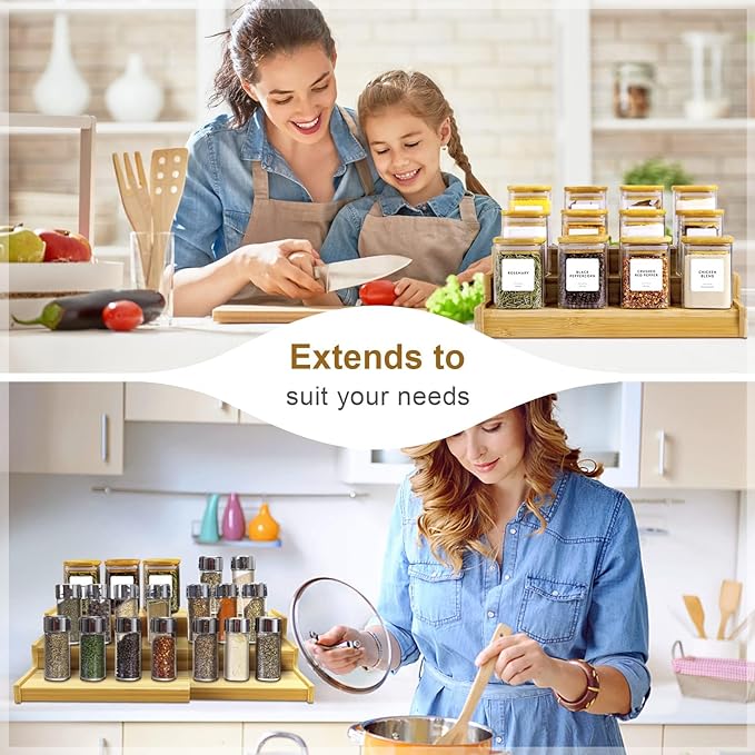 Lenwi Spice Rack Organizer for Cabinet, 3 Tier Expandable Bamboo Spice Storage for Kitchen Cupboard Pantry
