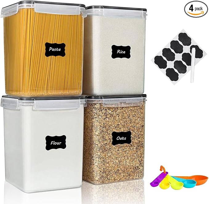 4pc 5.2L Large Airtight Plastic Canisters with Lids, Cups & Labels | 4pk 5.2L airtight containers block moisture. Stackable bins fit rice, flour and all baking pantry supplies