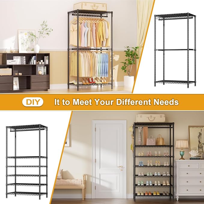 E13 Pro Heavy Duty Clothes Rack（With 4 Hanger Rods & 8 Shelves） Freestanding Clothing Racks for Hanging Clothes，Adjustable Closet，Metal Garment Rack 75" W x16 D x77 H，Max Load 1000LBS，Black