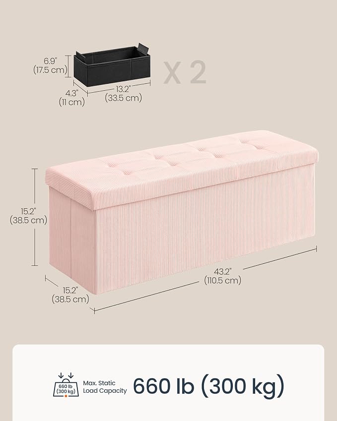 SONGMICS Home Ottoman with Storage, Removable Lid, Folding Storage Chest, Easy Assembly, for Entryway, Bedroom, Living Room, 15.2 x 43.2 x 15.2 Inches, Corduroy, Light Pink