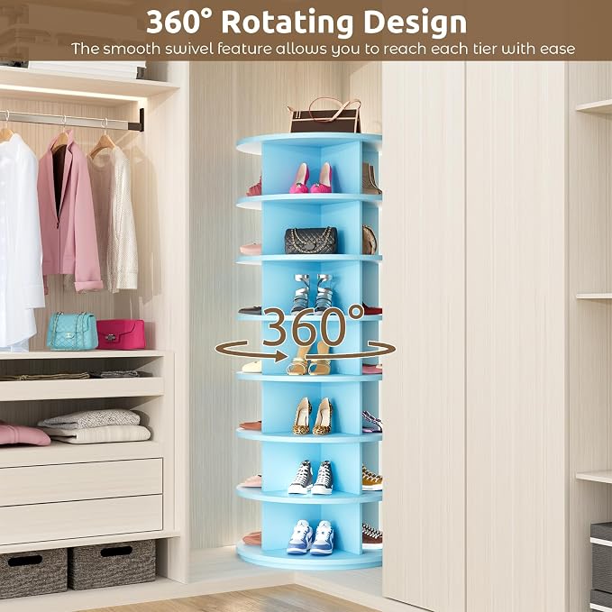 Rotating Shoe Rack 7 Tier Spinning Shoes Organizer Tower for 28-32 Pairs Lazy Susan 360 Revolving Shoe Storage Cabinet Rotate Shoe Handbag Rack Round Carousel for Closet, Bedroom (Blue)