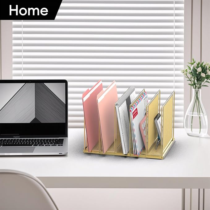 File Organizer for Desk, 5-Section Vertical File Sorter, Paper Holder Organizer Standing Metal File Folder for Office Home Classroom, Gold