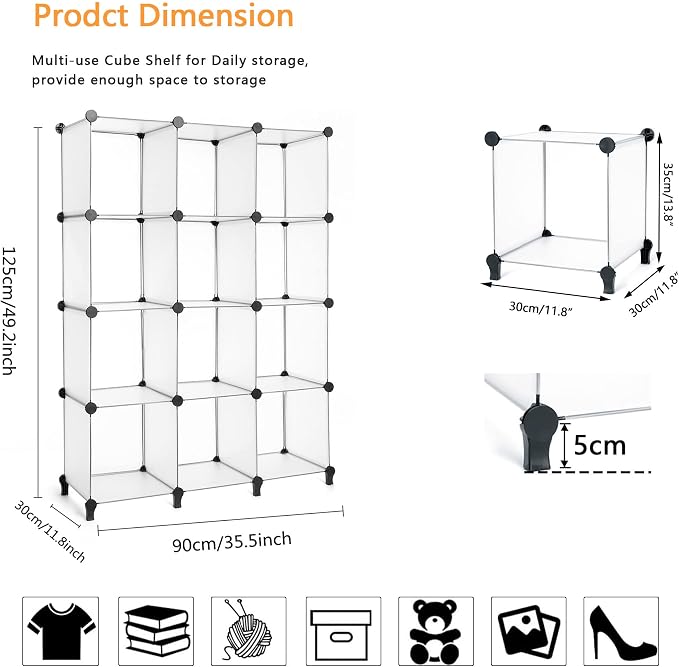 AWTATOS Closet Organizer, 12 Cube Storage Organizer, Translucent | Portable Closet Organizers, DIY Stackable Storage Cubes Shelves Bookshelf, Plastic Clothes Shelving for Home, Bedroom