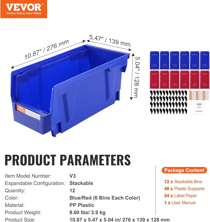 VEVOR Plastic Storage Bins 12 Pack (11 x 5 x 5-Inch), Hanging Stackable Storage Organizer Bins, Heavy Duty Stacking Containers for Closet, Garage, Office, Home, Pantry or Small Parts Organization