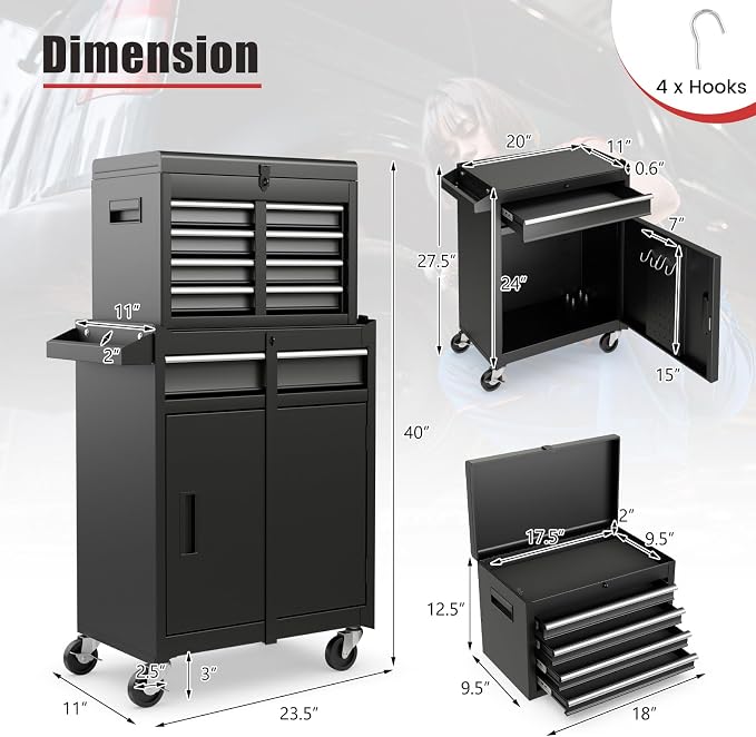 Goplus Tool Chest, 5 Drawers Rolling Tool Cabinet with Detachable Top Toolbox, Universal Lockable Wheels, Lock Bar, Protective Liner & Tool Rack, Metal Tool Storage Cart, Tool Box for Garage Workshop