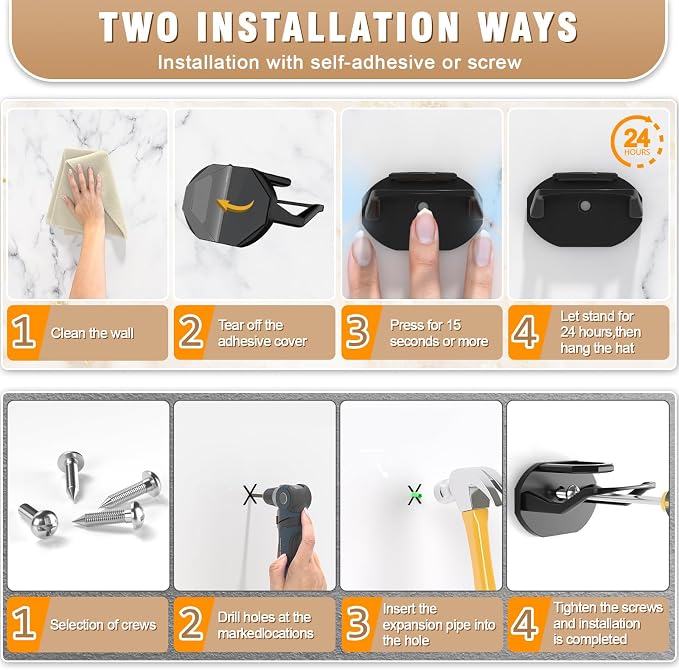 Niunuerga 48 Pack Adhesive Hat Hooks for Wall, Super Strong Hat Rack for Baseball Caps, Minimalist Hat Organizer Display for Home Decor, Hat Hangers Holder for Wall, Door, Closet, No Drilling (Black)