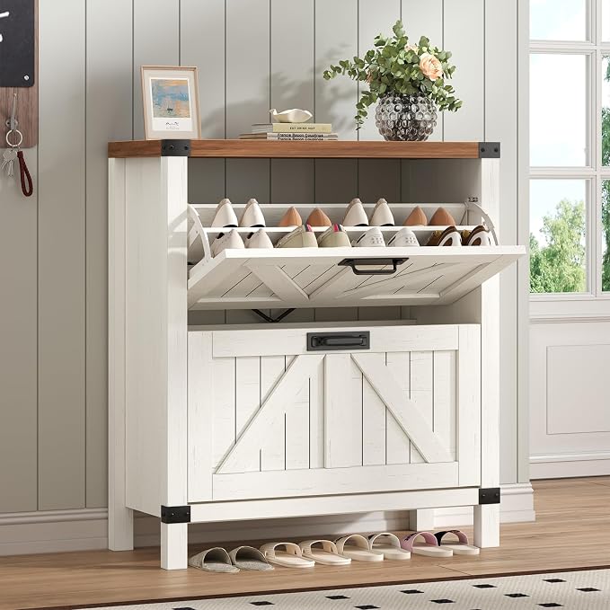 Fluted Shoe Cabinet Storage with 2 Flip Drawers for Entryway, Hallway | Narrow Shoe Rack Freestanding Shoe Organizer with Legs for Entryway，Hallway, Brown & White