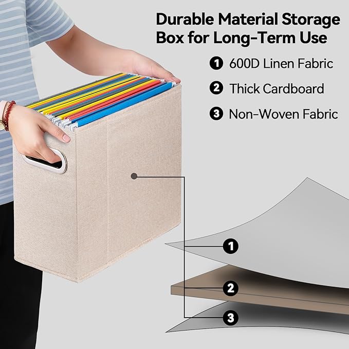 8 Packs Letter Size File Organizer, File Folders Organizer, Fabric Storage Box, Collapsible Paper Organizer with Metal Handle, Smooth PVC Rails, Only Box (Beige)