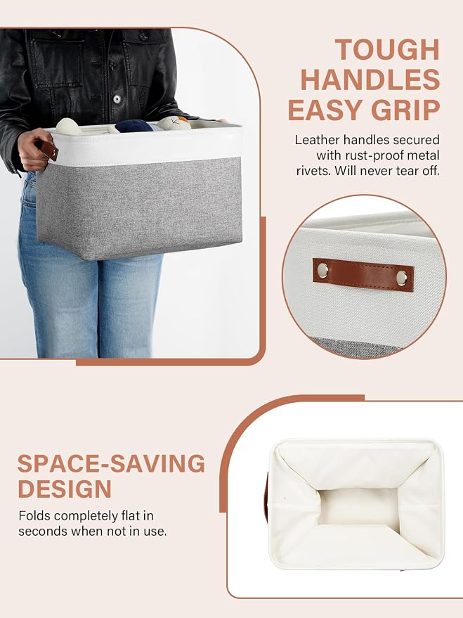 DULLEMELO Fabric Baskets for Storage, Office, Home,Nursery,Organizing Baskets for Shelves, Bedroom, Toys,Gift,Fabric Storage Basket with Handles(White&Grey,L-15"x11"x9.5",4-Pack)
