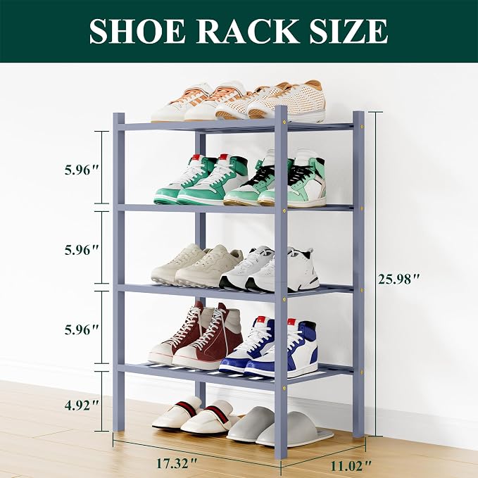 Smiry Bamboo Shoe Rack, 12 Vertical Slats, 4 Tier - 17.3" Wide, Grey | Stackable Free Standing Wooden Shoe Organizer, Wood Shoe Storage Shelf for Closet, Entryway