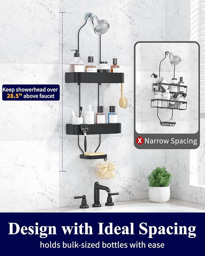 Kitsure Shower Caddy Hanging, No-Drill Bathroom Shelves, Black, 28.5" H | Bathroom Organizers and Storage, Wobble-Free Shower Organizer with Adhesive Tapes, Rust-Proof Shower Storage for Toiletries