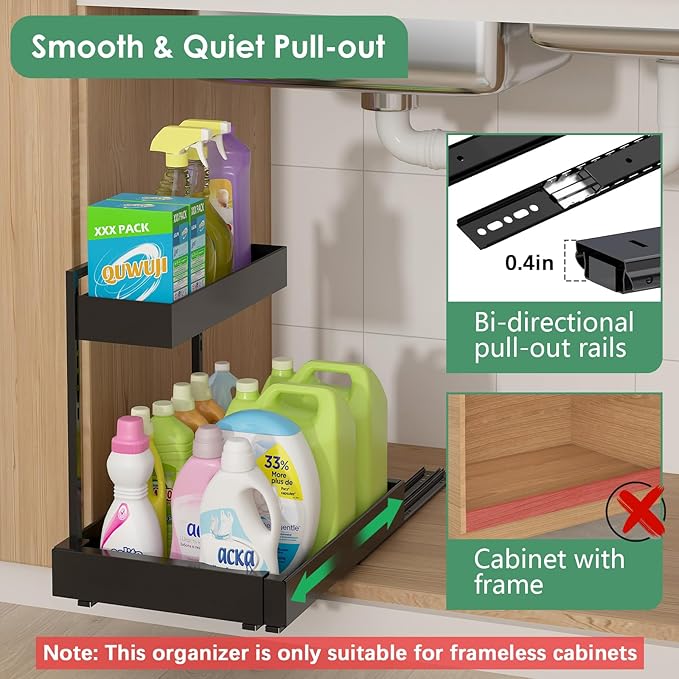 Under Sink Organizer, L-Shaped Pull Out Cabinet Rack for Kitchen | Expandable Width, 6-Level Height, Built For Bathrooms And Laundry Rooms, Quiet Sliding Rails, Duty Alloy Steel Frame,2 Pack