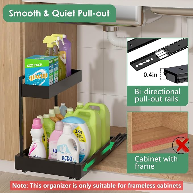 Under Sink Organizer, L-Shaped Pull Out Cabinet Rack for Kitchen | Expandable Width, 6-Level Height, Quiet Sliding Rails, Heavy-Duty Alloy Steel Frame, Pipe Clearance Design for Tight Cabinets