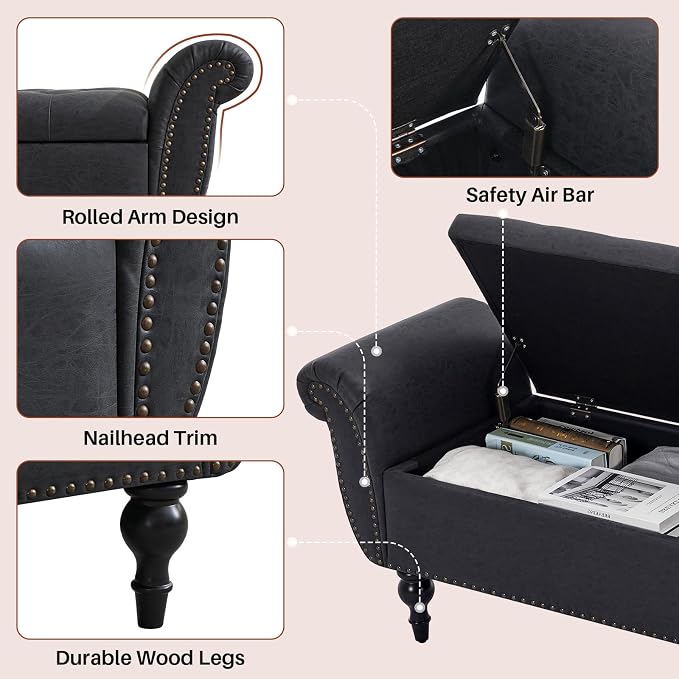 Storage Ottoman Bench, 64" Faux Leather End of Bed Bench, Black | Tufted Button Window Bench with Safety Hinge Hidden Storage Space Faux Leather Ottoman Bench for Bedroom Living Room Entryway