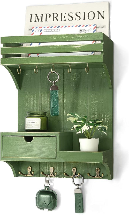 Rebee Vision Key Holder Wall Mount with 9 Key Hooks for Home Decor, Green | Pine Wood, Key Holder for Wall, Floating Shelf, Plant Display, Small Drawer Organizer, Mail Sorter, Entryway, Home Storage