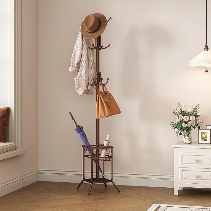 ELYKEN Coat Rack Freestanding, Metal Coat Rack with Umbrella Holder | 12 Hooks, Square Base, Heavy Duty Floor Standing Coat Tree for Entryway, Hallway, Living Room, Bedroom, Office, Brown