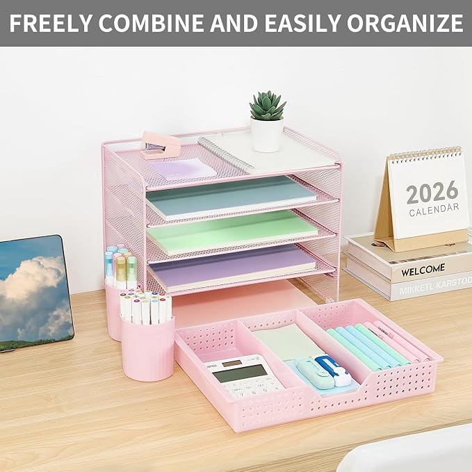 LEKETREE Desk Organizers and Accessories, 5-Tier Paper Letter Tray Organizer with Drawer & 2 Pen Holders, Desktop Organizer for Office Supplies (Pink)