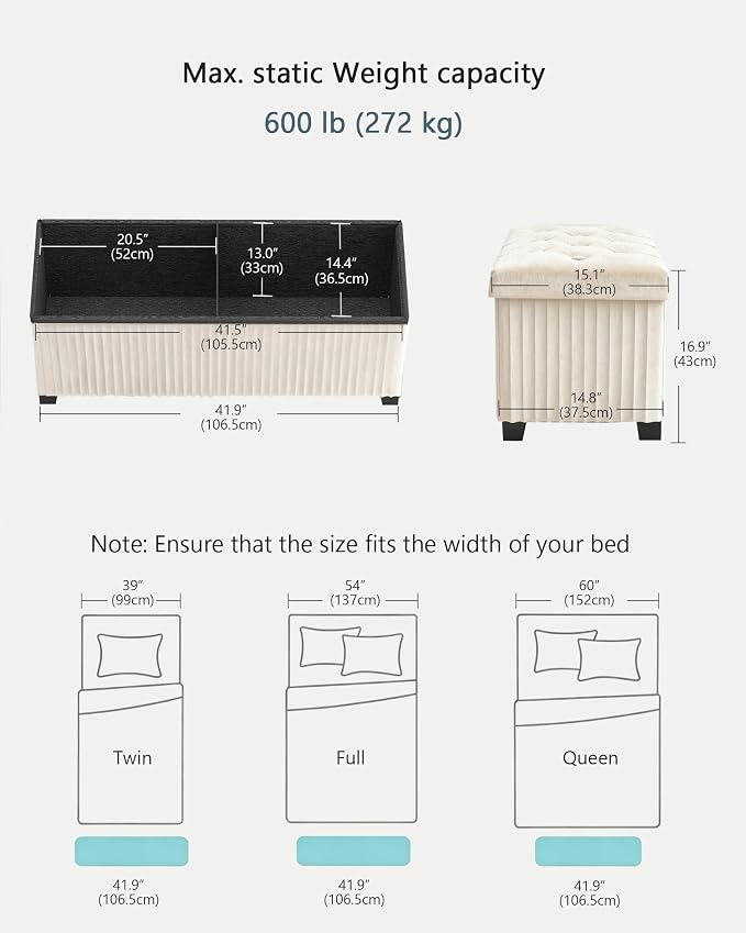 LITZFUR 43 Inches Storage Ottoman Bench, Velvet Foot Rest Stool, Beige | Folding Ottoman with Legs, End of Bed Bench, Storage Chest for Living Room, Bedroom