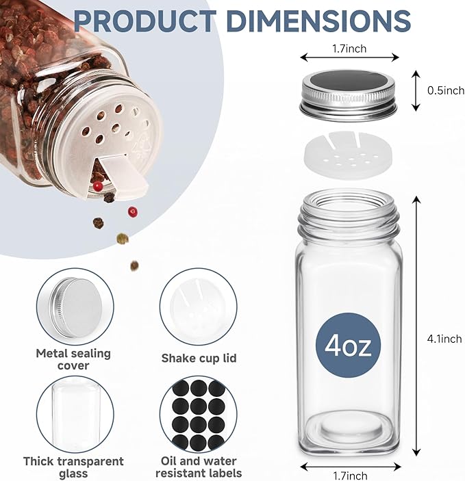 DIDITIME Spice Rack Organizer with 24 Glass Jars and 60 Labels, 4-Tier Seasoning Organizer for Cabinet, Countertop, Pantry or Wall Mount, Rust-Resistant Carbon Steel Spice Jar Set with Marker