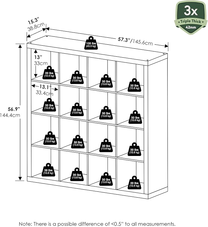 Furinno Cubicle Book Shelf, 16-Cube Bookshelf, Triple Thick Frame Cube Storage Organizer, 1.65" Bookcase, 15.4 x 57.4 x 56.9, for Home Office, Living Room, Plain White