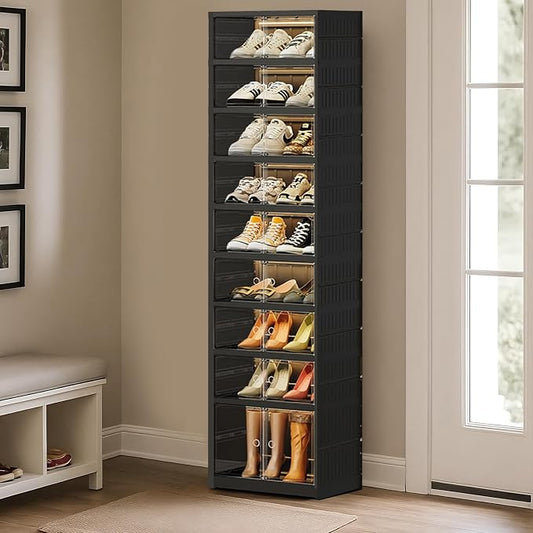 SYNCVIBE Shoe Rack Organizer for Closet Entryway Foldable Sneaker Storage Shoe, Collapsible Shoe Cabinet, Stackable Shoe Storage Cabinet with Lids for Living Room (9 Tiers -18 Pairs Black)