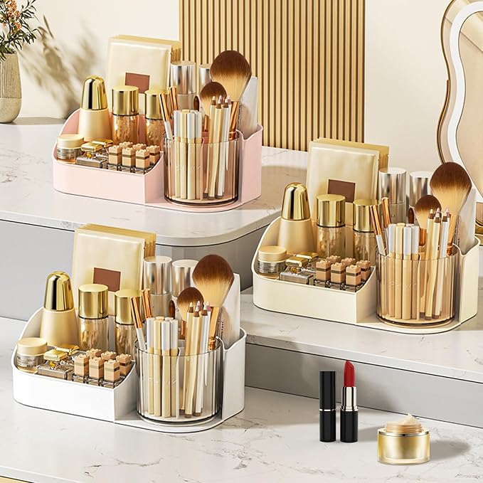 DASITON Large Capacity Makeup Organizer with 360° Rotating Makeup Brush Holder, Perfume and Skincare Storage Organizers for Vanity Bathroom Countertop, Cosmetic Display Case (Cream, 1 Tier)