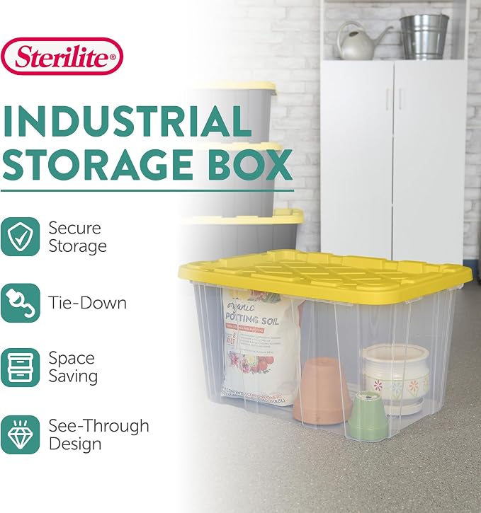 Sterilite Industrial Storage Box with Lids for Garage, 27 Gallon, 4-Pack | Heavy-Duty and Stackable Utility Box Containers for Home, Office, and Basement Organization, Yellow