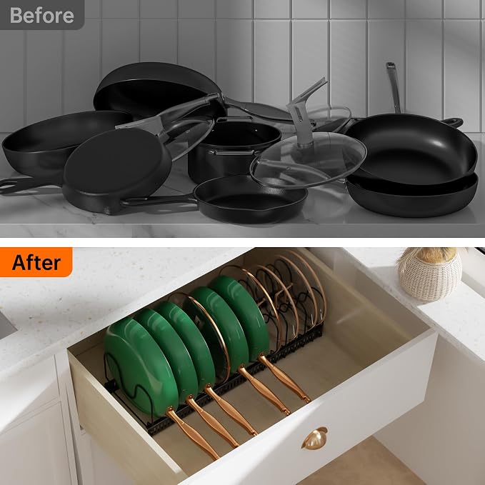 MUDEELA Expandable Pot Pan Lid Organizers inside Cabinet, 14 Divider-Black | Expandable 11.8–22.9", 14 Adjustable Divider, Tool-Free Assembly, Non-Slip, Scratch-Proof, For Pan Lid Cutting Board Bakeware
