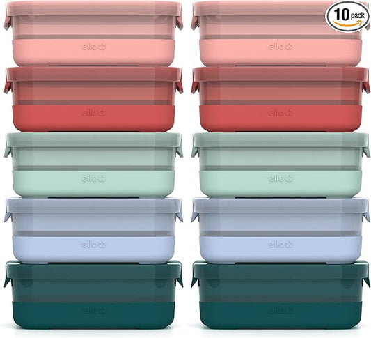Ello Plastic 3.7 Cup Meal Prep Set 10 Pc -5 Pack set BPA Free Plastic Food Storage Container with Silicone Boot and Airtight Lids, Dishwasher, Microwave, and Freezer Safe, Melon (Pack of 2)