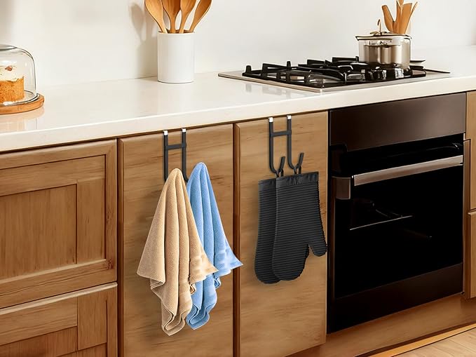 Double Over Door Steel Hooks 2 Pack Fit 1-3/8" Door 5.5" Black | Plastic Coated Rubber Feel Towel Rack Robe Coat Shoe Wreath Hanger No Damage No Scratch for Bathroom Heavy Duty Thin Top