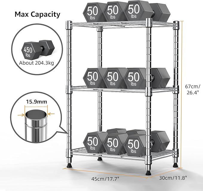 M MZG 450 lbs Wire Storage Shelving 3-Tier Utility Shelving Unit Steel Organizer Wire Rack for Home,Kitchen,Office,Chrome(11.8" D x 17.7" W x 26.4" H)