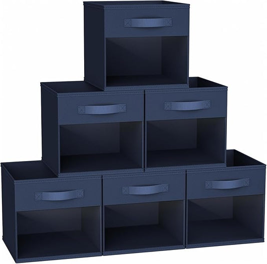 DIMJ Cube Bins, 12.2-Inch Storage Bins Cubes with Window, 6 Packs Collapsible Storage Bins with Handles, Closet Storage Baskets for Organizing Living Room, Office, 6 Pack,Navy Blue