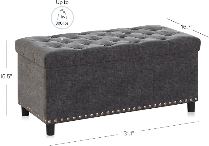 BELLEZE Storage Ottoman, Tufted Ottoman with Close Hinge, Foot Rest for Living Room (Dark Gray, 31 inch)